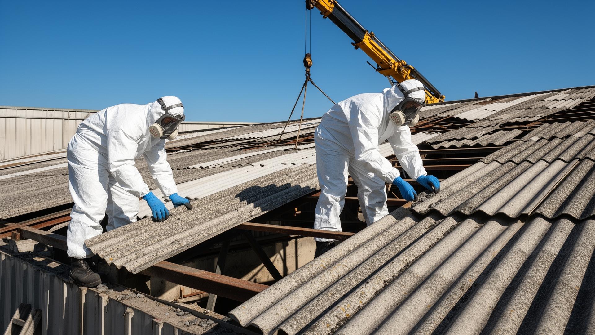 Bonifica amianto su copertura industriale in eternit — operatori con tute protettive e maschere durante la rimozione