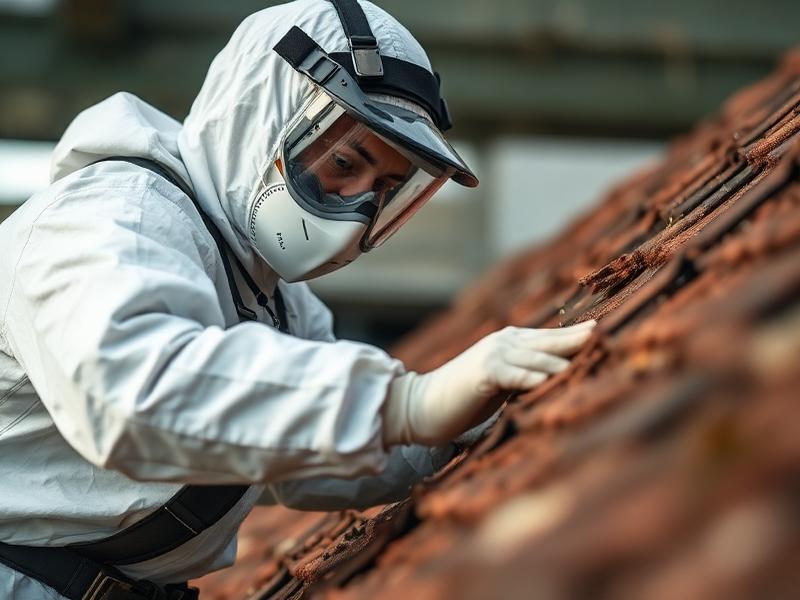 Operatore specializzato in rimozione amianto con dispositivi di protezione individuale durante intervento di bonifica